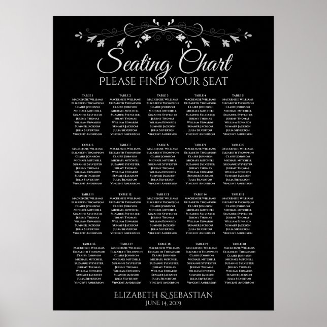 20 Tabelle Elegante schwarze Hochzeitssattelkarte Poster (Vorne)