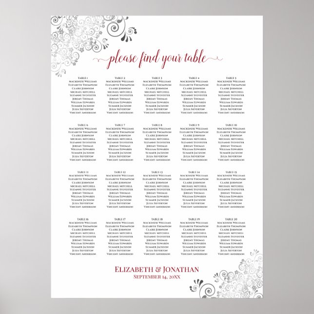 20 Tabelle Frily Wedding Seating Chart White & Red Poster (Vorne)
