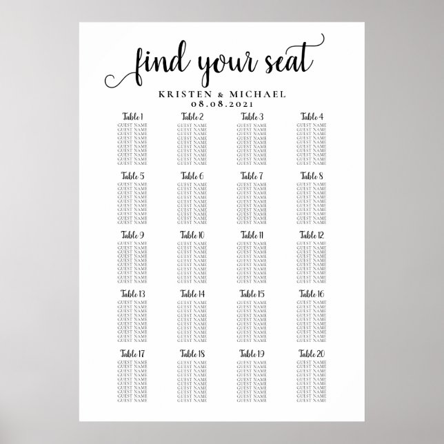 20 Tabelle Große Hochzeitgastsitzkarte Poster (Vorne)