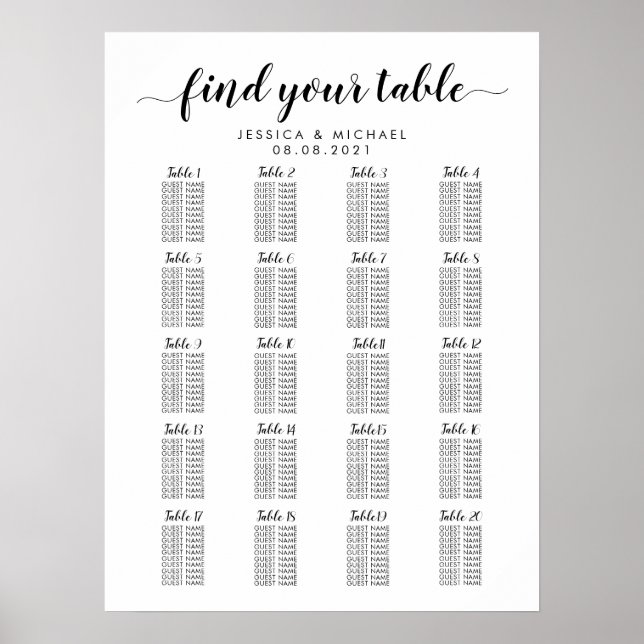 20 Tabelle Große Hochzeitgastsitzkarte Poster (Vorne)