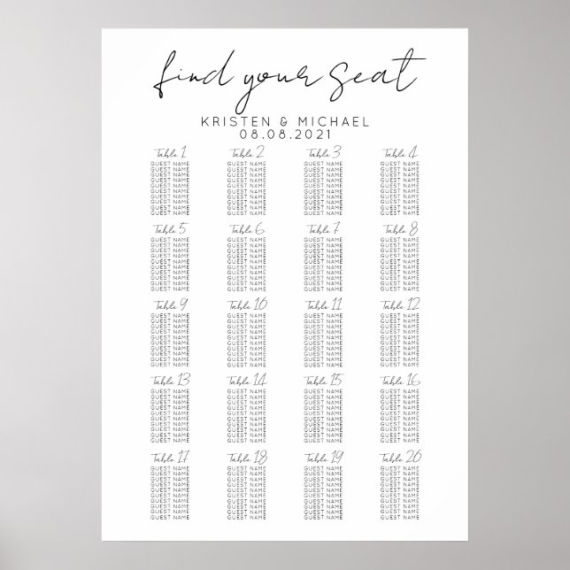 20 Tabelle Große Hochzeitgastsitzkarte Poster (Vorne)