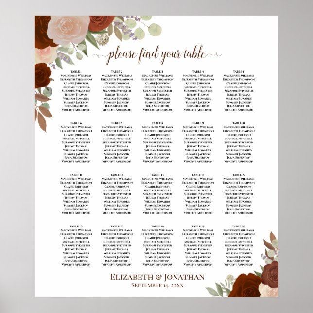 20 Tabelle Rustikale Rose Herbst Hochzeitstabelle Poster (Vorne)
