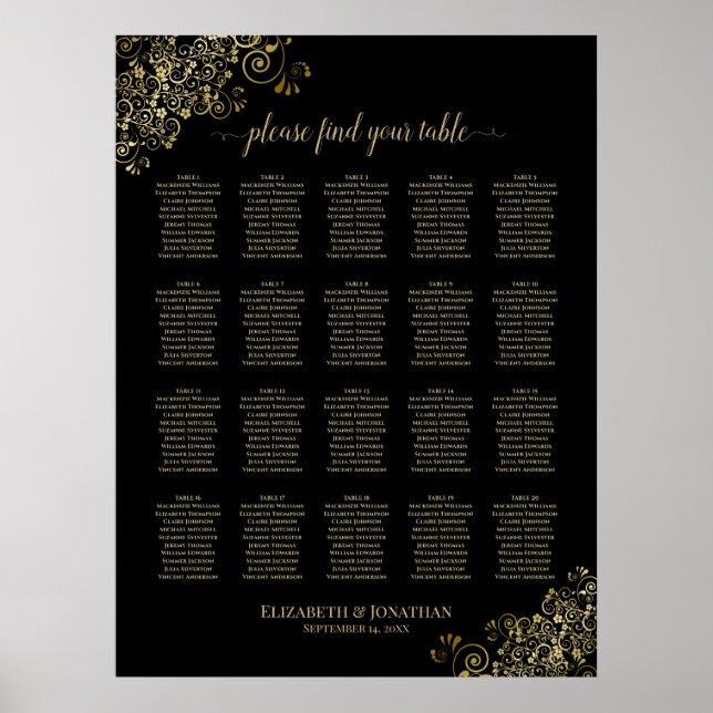 20 Tabelle Schwarz & Gold Frills Hochzeitskarte Poster (Vorne)