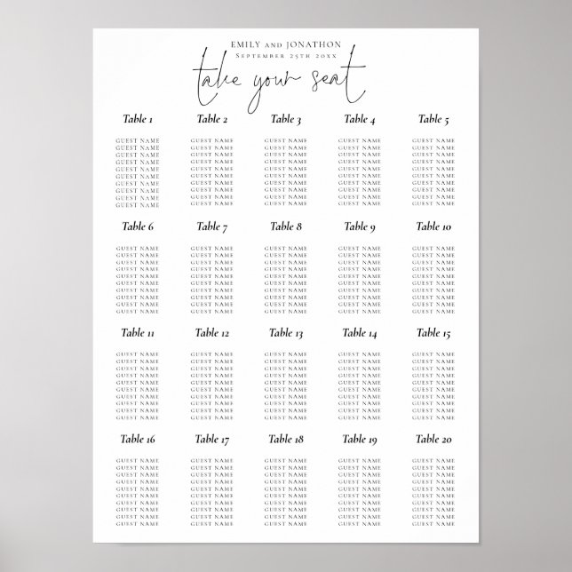 20 Tabelle Skript Schwarz-Weiß-Sitze-Diagramm Poster (Vorne)