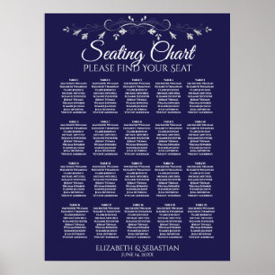 20 Table Elegant Navy Blue Wedding Seating Chart Poster