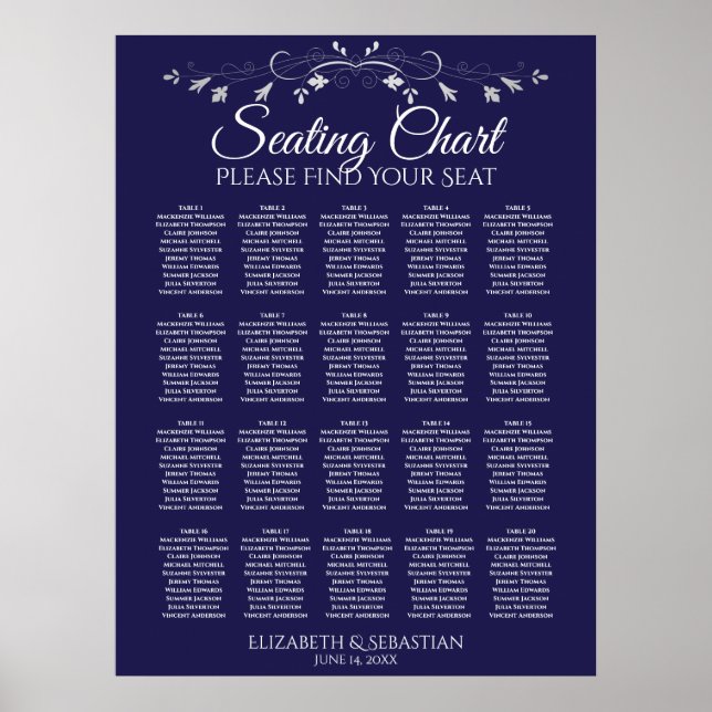 20 Table Elegant Navy Blue Wedding Seating Chart Poster (Vorne)