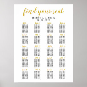 20 Table Gold Color Wedding Guest Seating Chart Poster