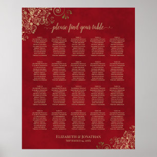 20 Table Gold Frills auf Red Wedding Seating Chart Poster