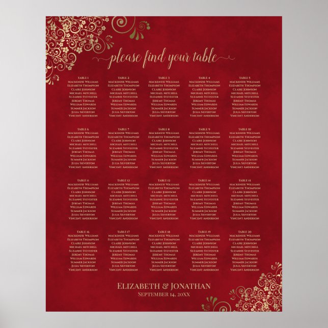 20 Table Gold Frills auf Red Wedding Seating Chart Poster (Vorne)