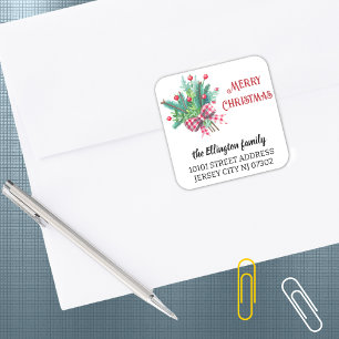 20 Tannenbaumzweige & Beeren Rücksendeadresse Weih Quadratischer Aufkleber