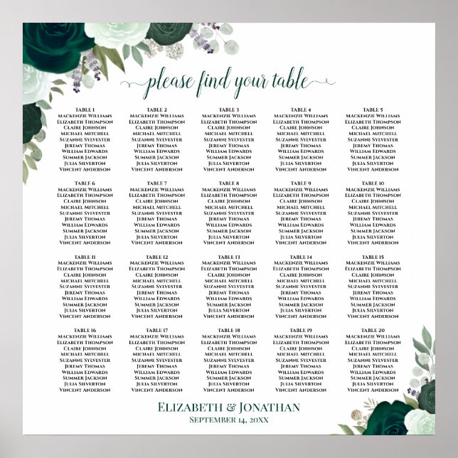 20-Tisch-Emerald-Boho-Floral-Hochzeits-Sitzplan Poster (Vorne)