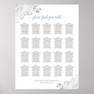 20 Tisch Hochzeit Sitzordnung Fransen Weiß & Blau Poster