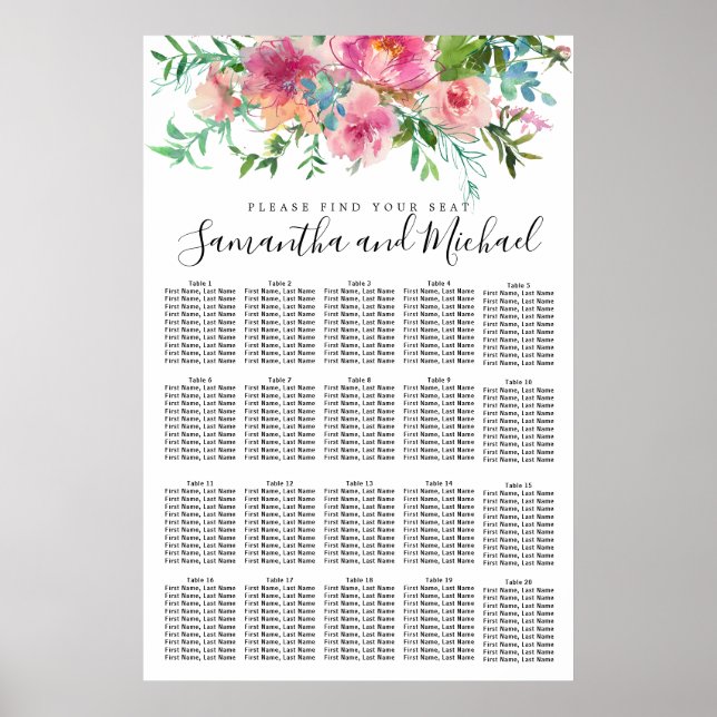 20-Tisch-Hochzeitstabelle für Rosa Peony Floral Poster (Vorne)
