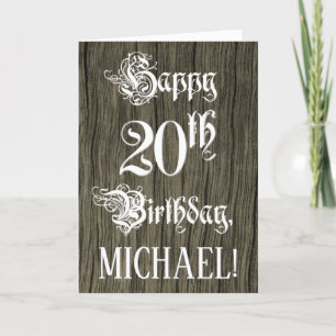 20th Birthday: Fancy, Elegant Text; Faux Wood Look Karte