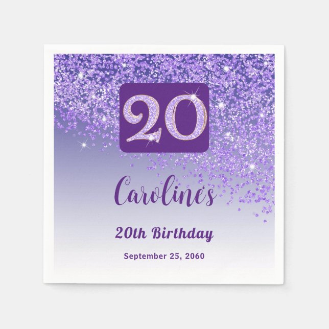 20th Birthday Party Sparkling Purple Glitter Serviette (Vorderseite)