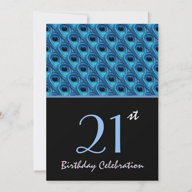 21. Birthday Blue Peacock Feathers Template Einladung (Vorderseite)