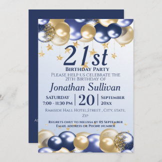 21. Birthday Navy Gold Balloons Party Einladung