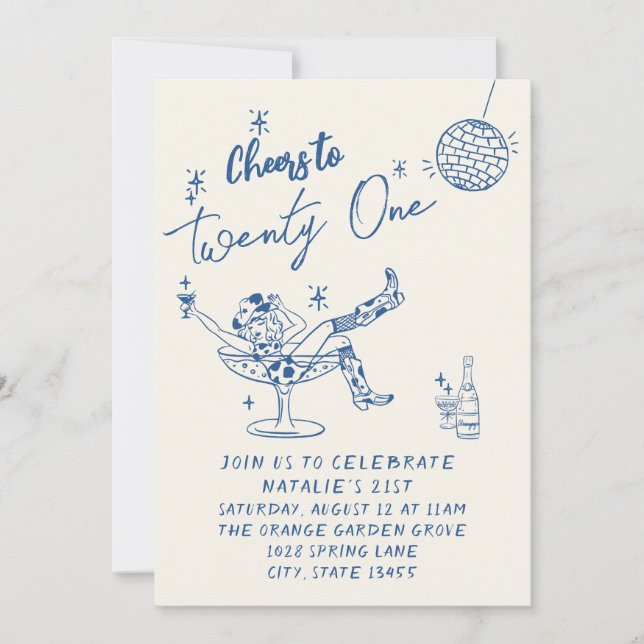 21. Blue Gezeichnet Cowgirl Coastal Foto Spaß Gebu Einladung (Vorderseite)