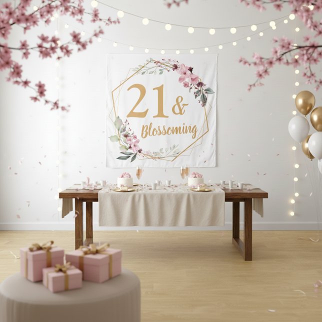 21 & blühende Kirschblüte 21. Geburtstagszeichen Wandteppich (Stylish cherry blossom birthday wall decor.)
