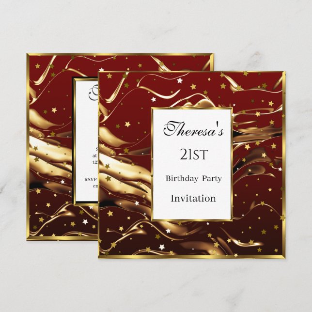 21. Burgundy Gold Stars Geburtstagsparty Einladung (Vorne/Hinten)