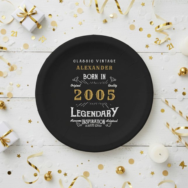 21. Geburtstag 2005 Legendär Retro Pappteller (2005 black paper plate on a white and gold background.)