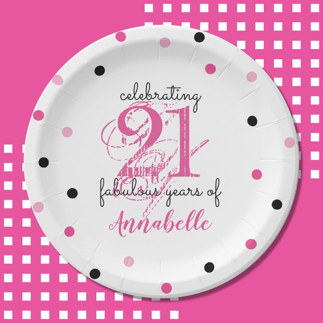 21. Geburtstag 21 fabelhafte Jahre Name polka Punk Pappteller (Depiction of Front of Paper Plate)