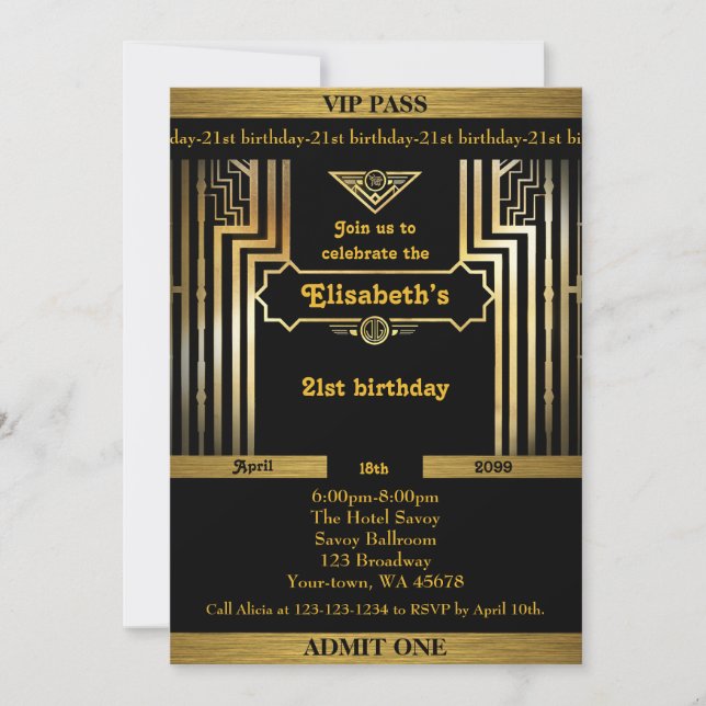 21. Geburtstag 21.,Gatsby-Stil,Ticket,schwarzes Go Einladung (Vorderseite)