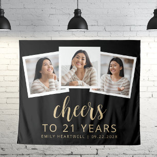 21. Geburtstag 3-Foto Gold Schrift Cheers Schwarz Wandteppich
