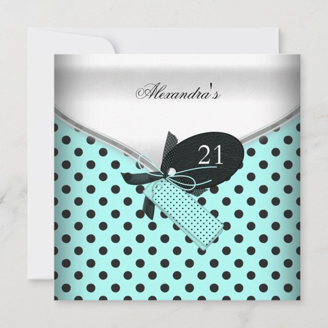 21. Geburtstag Aquamarine Schwarz-weiße Polka Dot  Einladung (Vorderseite)