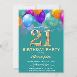 21. Geburtstag Aquamarine und goldene Ballons Einladung