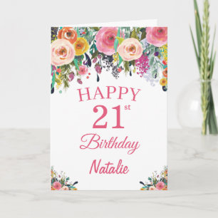 21. Geburtstag Aquarellfarben Blume Rosa Karte