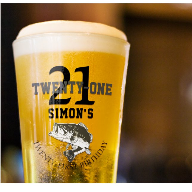 21. Geburtstag Bassfang Thema 21 Glas (Custom Twenty First Birthday Bass Fishing Beer Glass)