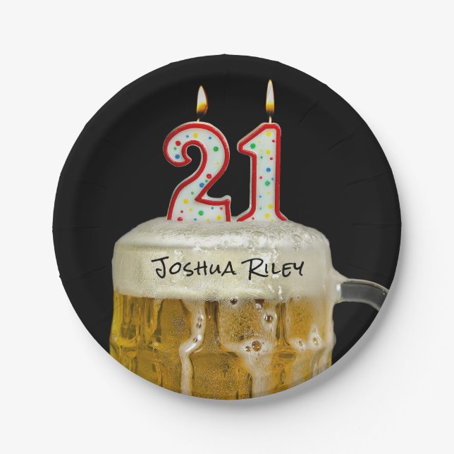21. Geburtstag Bier mit Kerze Pappteller (Vorderseite)