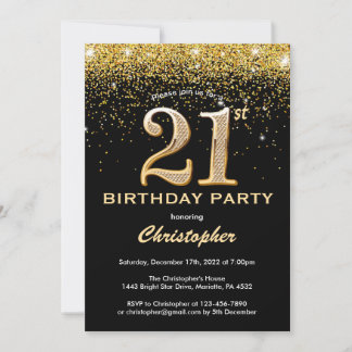 21. Geburtstag Black and Gold Glitzer Confetti Einladung