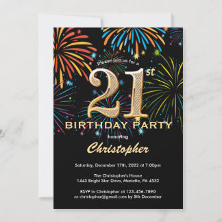 21. Geburtstag Black and Gold Rainbow Fireworks Einladung