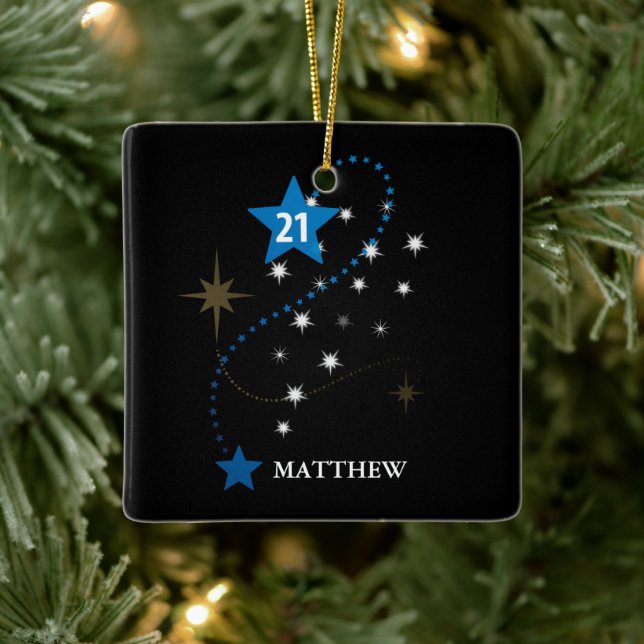 21. Geburtstag Blau und Schwarz Personalisiert Keramikornament (Baum)