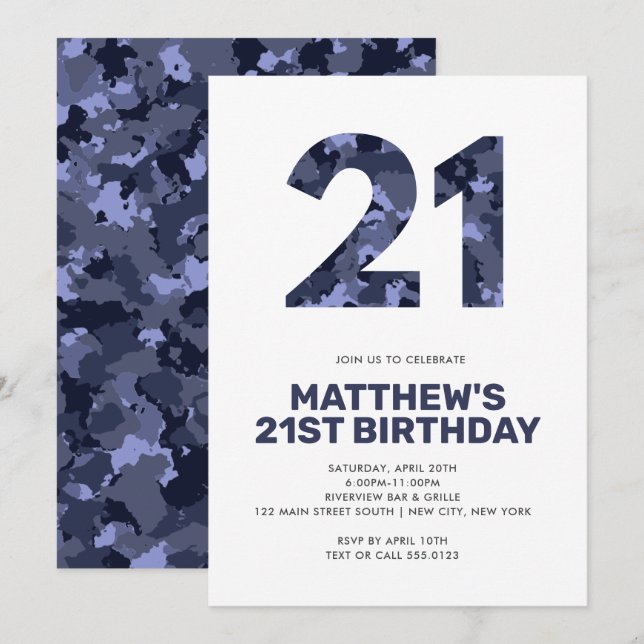 21. Geburtstag, Blaue Camouflage Personalisiert Einladung (Vorne/Hinten)