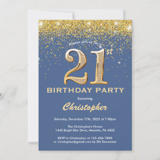 21. Geburtstag Blue and Gold Glitzer Confetti Einladung