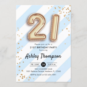 21. Geburtstag - Blue Stripes Gold Ballons Einladung