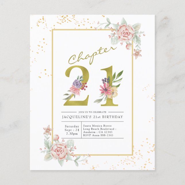 21. Geburtstag Blumenschrift Gold-Script-Einladung Flyer (Vorne)