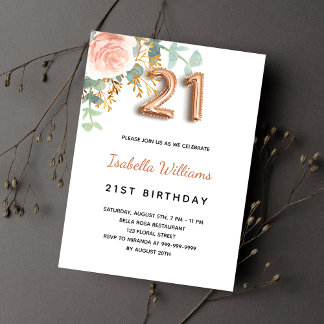 21. Geburtstag Blumenstrauß Rose Goldkalyptus Grün Einladungspostkarte