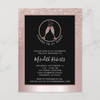 21. Geburtstag Blush Glitzer Champagne Einladung Postkarte