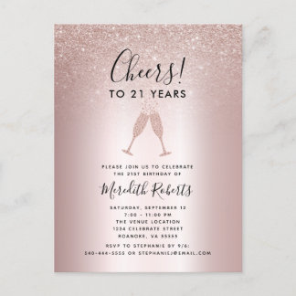 21. Geburtstag Blush Glitzer Champagner Toast Einl Postkarte