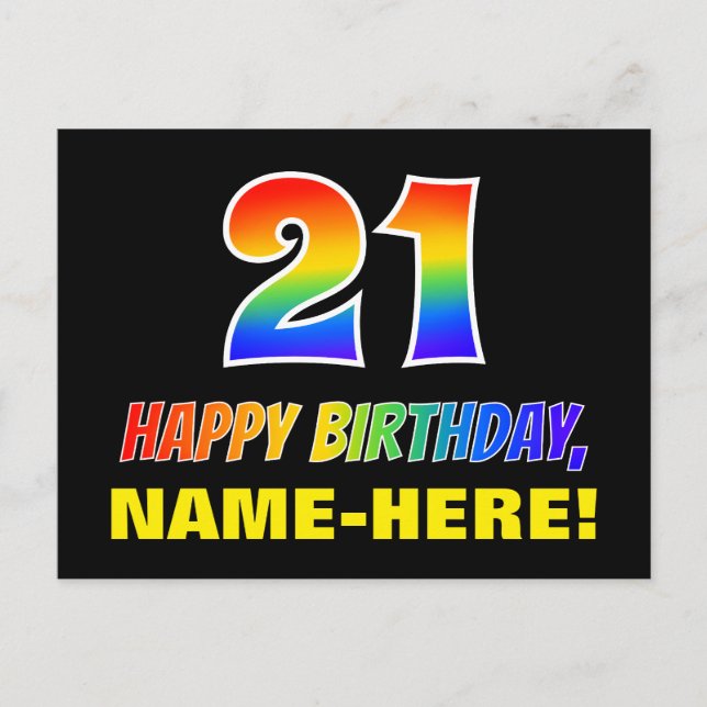 21. Geburtstag: Bold, Fun, Simple, Rainbow 21 Postkarte (Vorderseite)