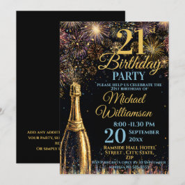 21. Geburtstag Bubbly Feuerwerk Gold Blau Einladung