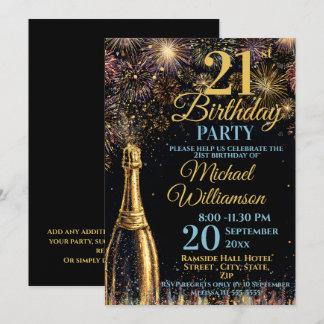 21. Geburtstag Bubbly Feuerwerk Gold Blau Einladung