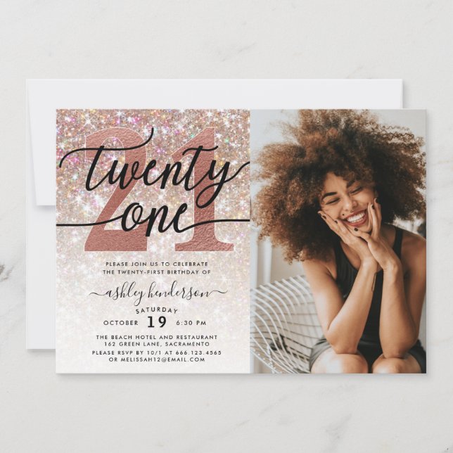 21. Geburtstag Champagne Glitzer Foto Einladung (Vorderseite)