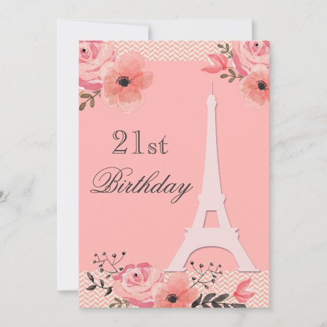 21. Geburtstag Chic Floral Paris Eiffelturm Einladung (Vorderseite)
