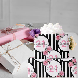 21. Geburtstag chic rosa Rosen Schwarz-weiße Strei Geschenkpapier
