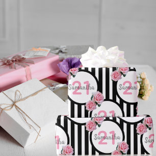 21. Geburtstag chic rosa Rosen Schwarz-weiße Strei Geschenkpapier